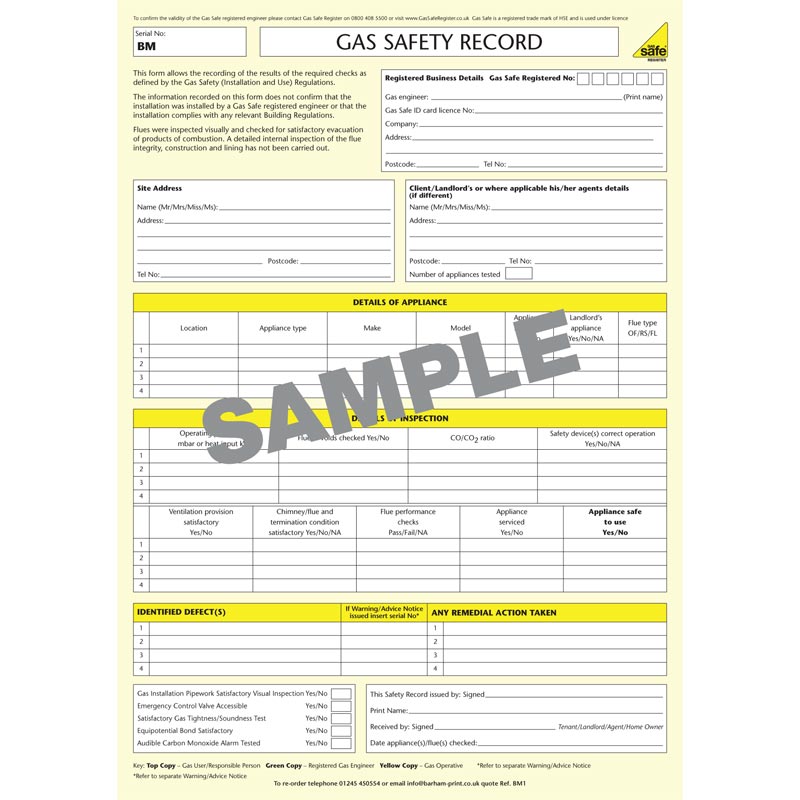 Gas Safety Record Pad - BM1