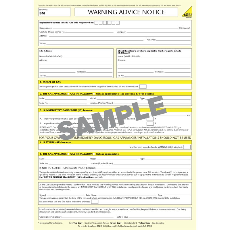 Warning Note Gas Safe Pad – BM14